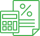Icône calculatrice et document avec pourcentage. Représente calcul financier, fiscal, analyse ou budget.