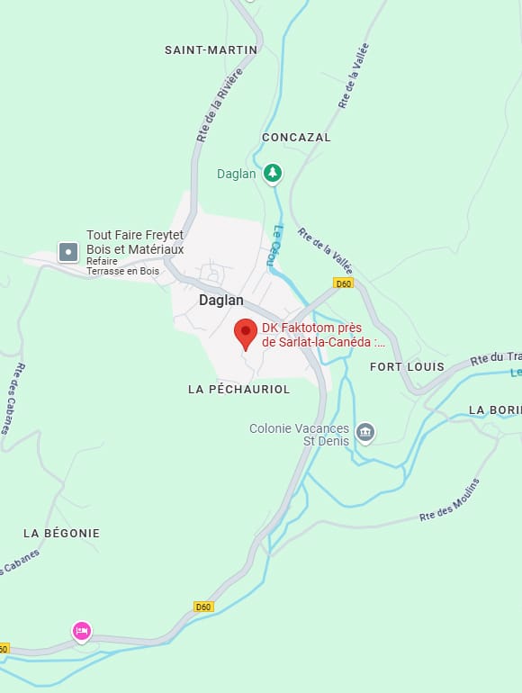 Carte de la zone de Daglan en Dordogne. Localisation de DK Faktotom près de Sarlat-la-Canéda, D60. Indique routes, riviere Le Ceou.