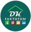 Logo circulaire DK Faktotom vert avec toit stylisé. Icônes symbolisant services: jardinage, bricolage/entretien, déménagement, nettoyage.