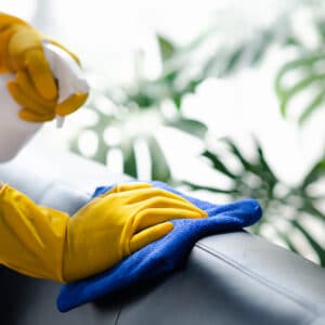 Main gantée de jaune nettoie un meuble foncé avec un chiffon microfibre bleu et un spray. Feuilles vertes en fond.