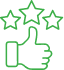 Icône verte pouce levé et trois étoiles. Symbole d'excellente note ou avis positif de satisfaction qualité.
