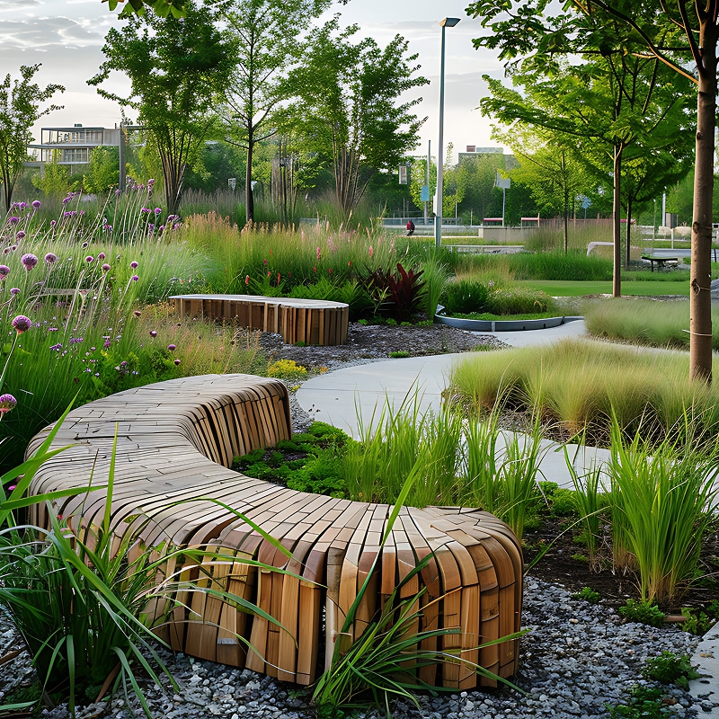 Bancs en bois courbes et ronds dans un parc moderne avec sentier sinueux, herbes ornementales et fleurs violettes.