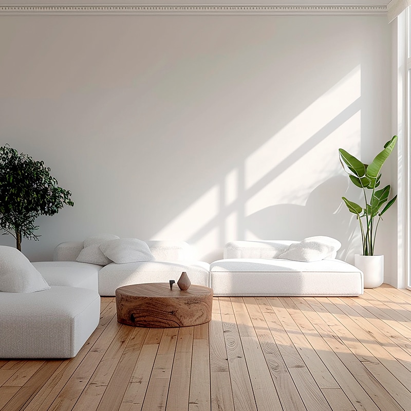Salon minimaliste lumineux : canapés modulaires blancs, table basse bois, plantes vertes sur parquet clair.